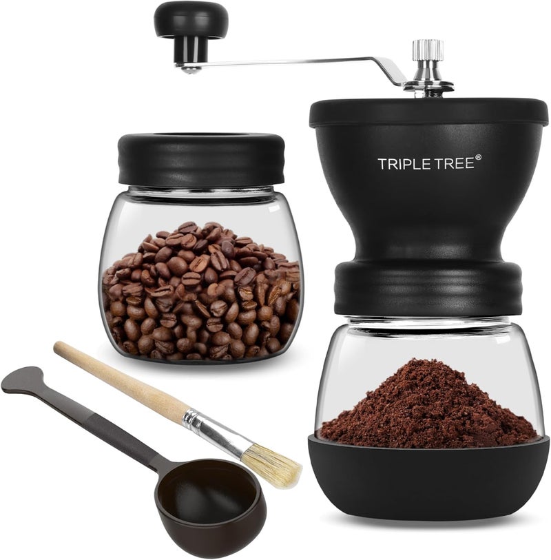 Zaboro Manual Coffee Grinder with Ceramic Burrs and Lengthen Stainless Steel Handle, Hand Coffee Mill with 2 Glass Jars(11oz each), Brush and Tablespoon Scoop, Coffee Bean Grinder for Home, Camping, Black - Image 1